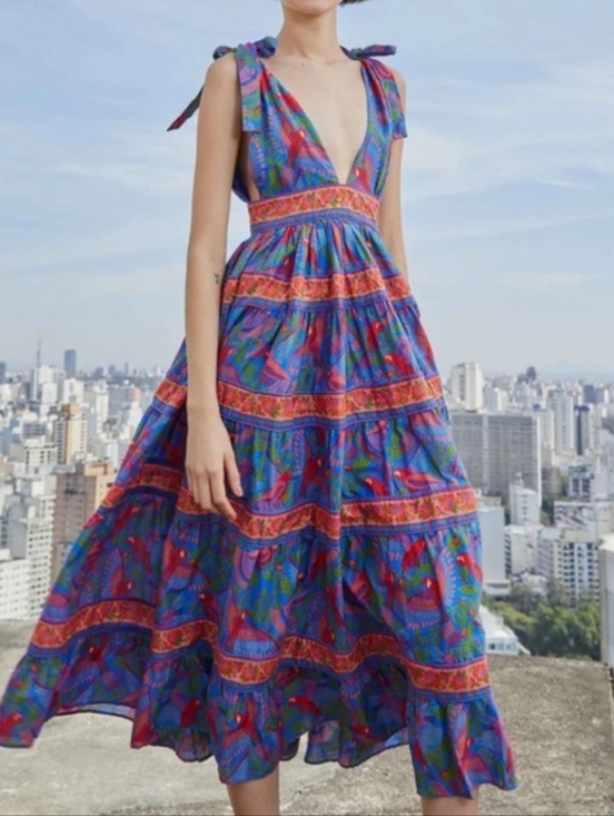FARM Rio Dresses & Skirts - Farm Rio Blue Macaw Tie Shoulder Tiered Midi Dress